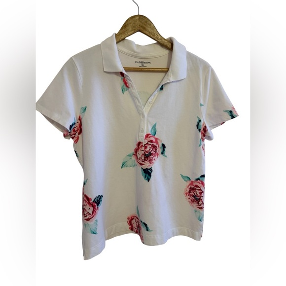 Croft & Barrow White Pink Rose Print Button Neck Polo Shirt size XL - Picture 1 of 16